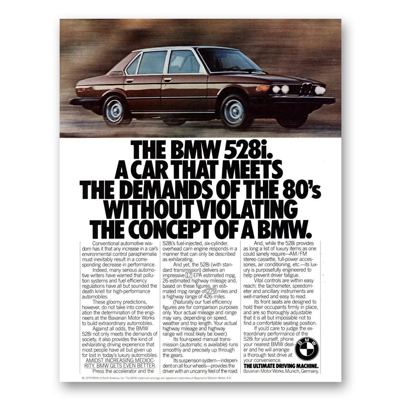 1979 BMW 5 Series Meets the Demands of the 80s Without Violating Vintage Magazine Print Ad