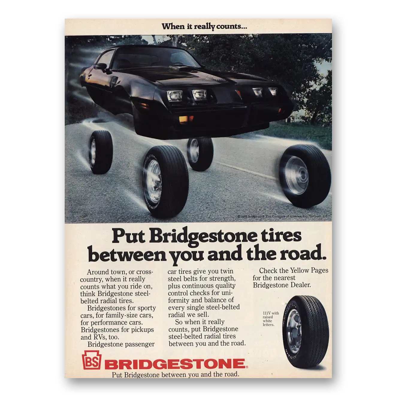 1980 Bridgestone Tires Between You and the Road Vintage Magazine Print Ad