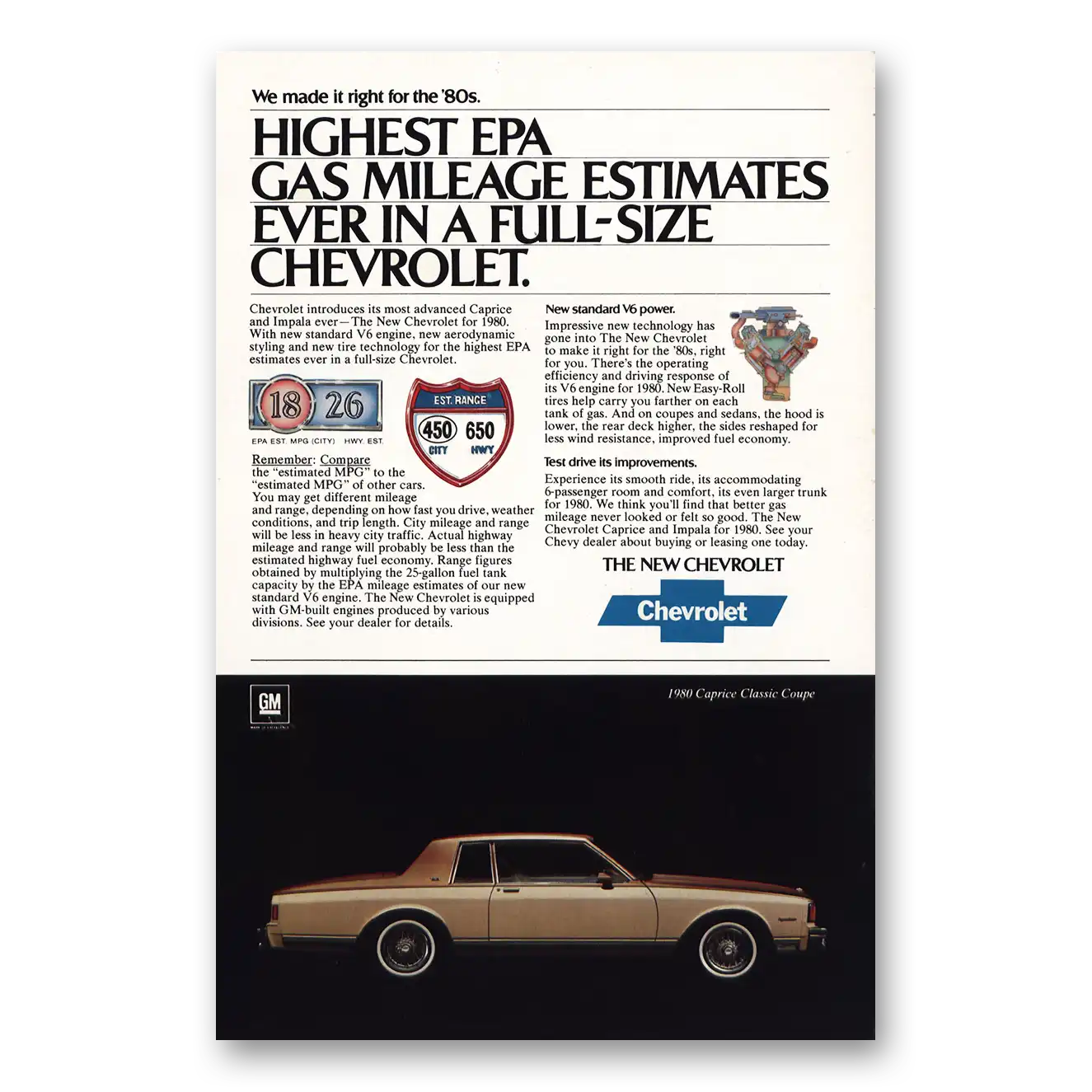 1980 Chevrolet Caprice Highest EPA Gas Mileage Vintage Magazine Print Ad