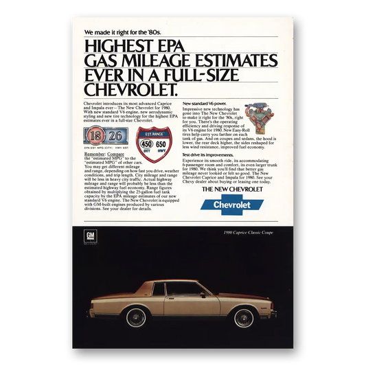 1980 Chevrolet Caprice Highest EPA Gas Mileage Vintage Magazine Print Ad