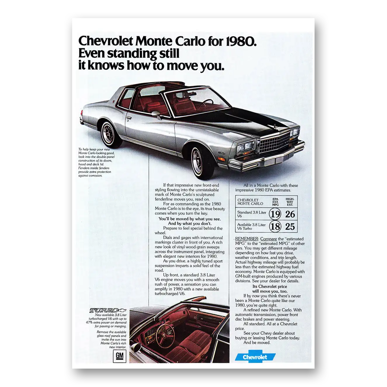 1980 Chevrolet Monte Carlo Even Standing Still It Knows How to Move You Vintage Magazine Print Ad