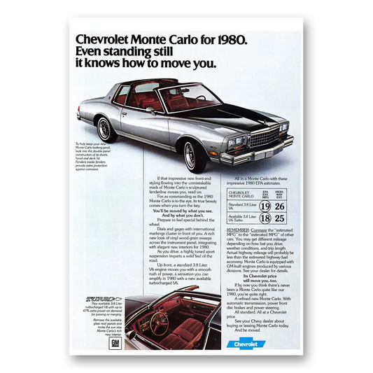 1980 Chevrolet Monte Carlo Even Standing Still It Knows How to Move You Vintage Magazine Print Ad