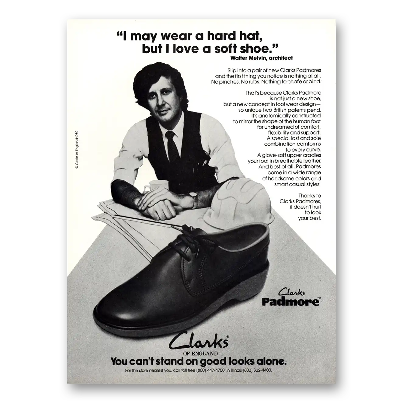 1980 Clarks Shoes Pedmore Shoes I May Wear a Hard Hat Vintage Magazine Print Ad