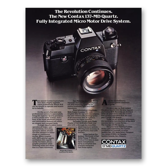 1980 Yashica Cameras Contax 137 MD Quartz Revolution Continues Vintage Magazine Print Ad