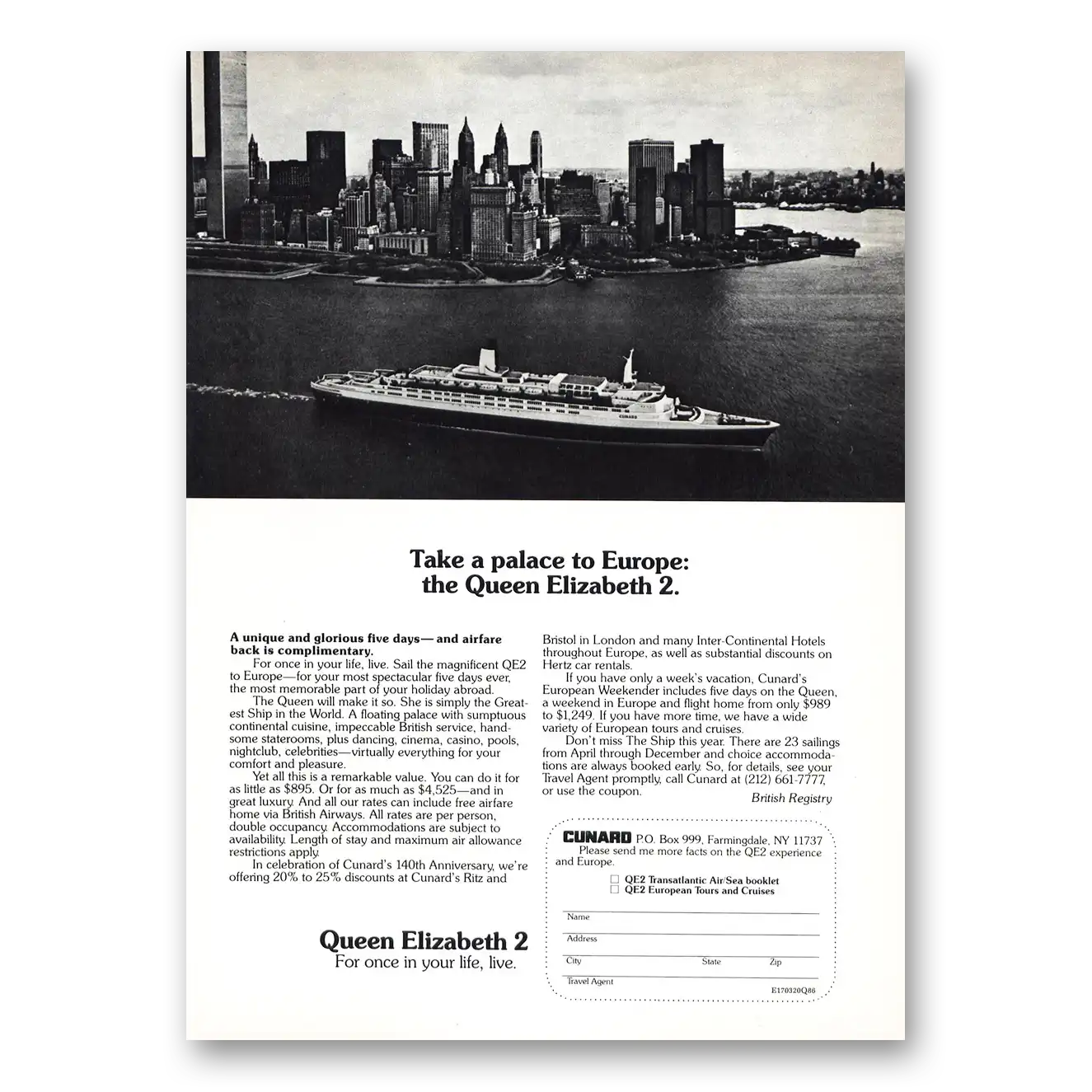 1980 Cunard Queen Elizabeth 2 Take a Palace to Europe Manhattan Vintage Magazine Print Ad