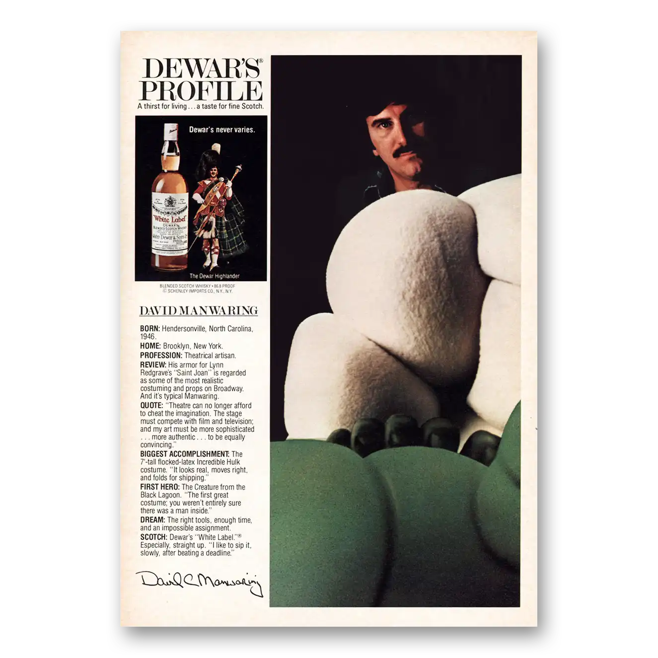 1980 Dewars White Label David Manwaring Vintage Magazine Print Ad