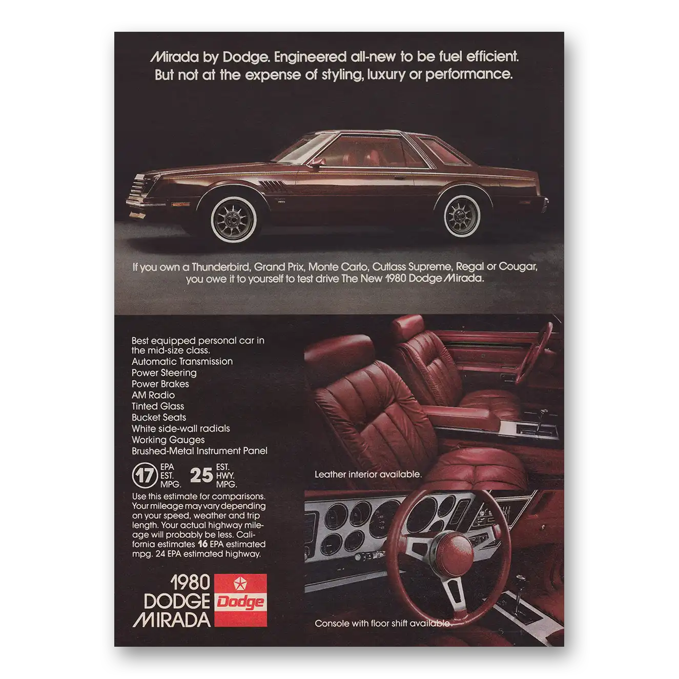 1980 Dodge Mirada Engineered All New to Be Fuel Efficient Vintage Magazine Print Ad