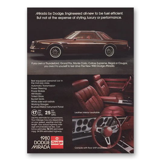 1980 Dodge Mirada Engineered All New to Be Fuel Efficient Vintage Magazine Print Ad