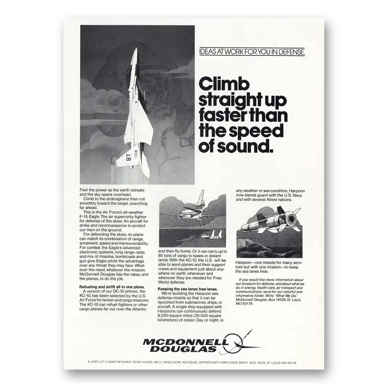 1980 McDonnell Douglas F15 Eagle Climb Straight Up Speed of Sound Vintage Magazine Print Ad