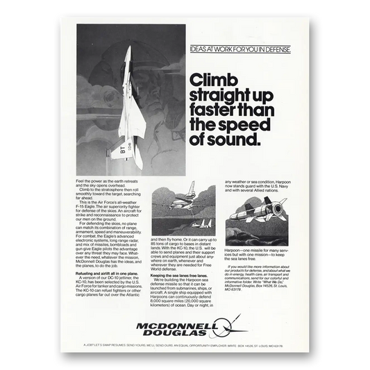 1980 McDonnell Douglas F15 Eagle Climb Straight Up Speed of Sound Vintage Magazine Print Ad