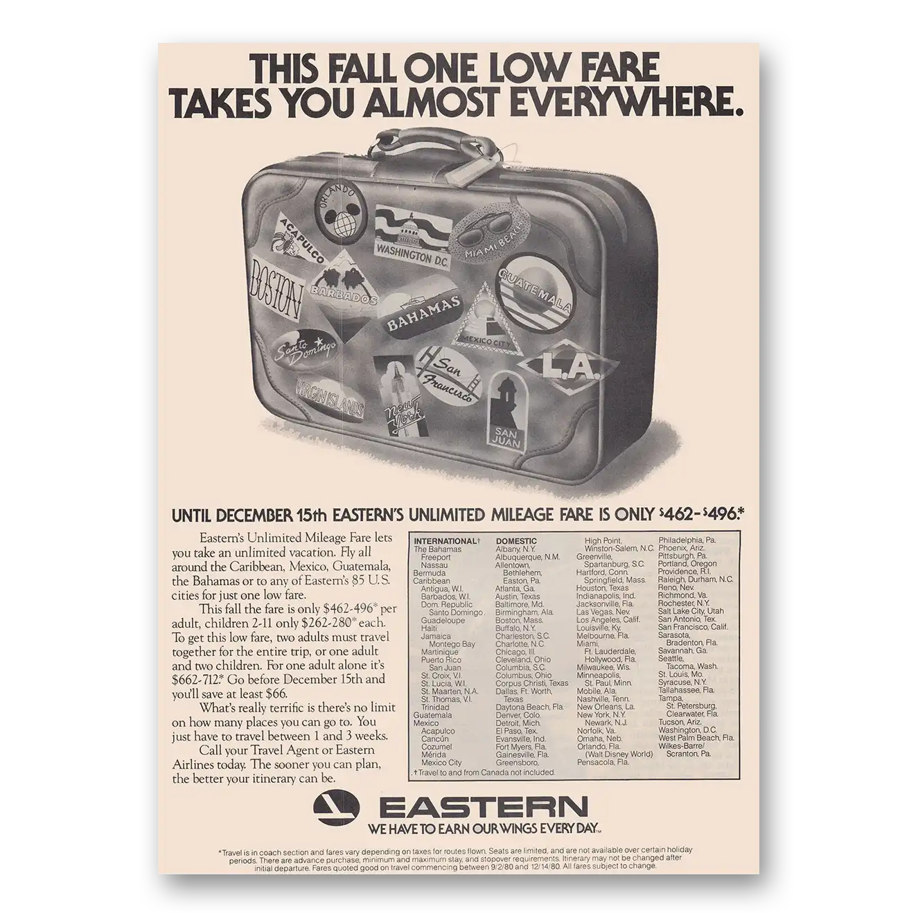 1980 Eastern Airlines This Fall One Low Fare Vintage Magazine Print Ad