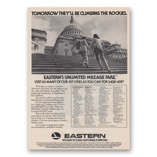 1980 Eastern Airlines Tomorrow They'll Be Climbing the Rockies Vintage Magazine Print Ad