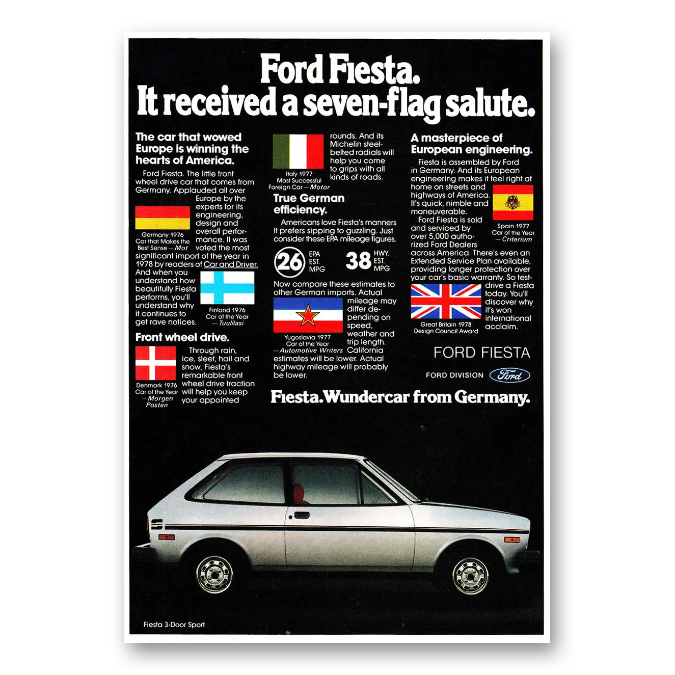 1980 Ford Fiesta Seven Flag Salute Wundercar Vintage Magazine Print Ad