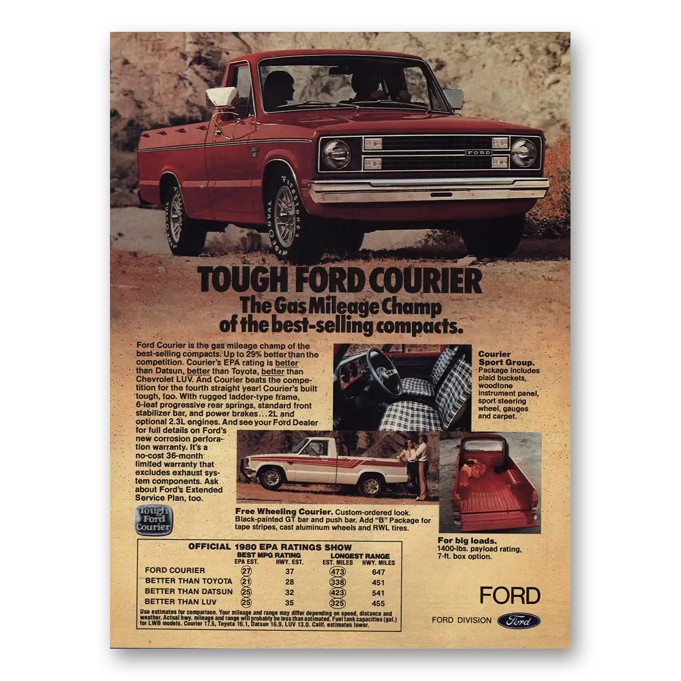 1980 Ford Courier Gas Mileage Champ Vintage Magazine Print Ad