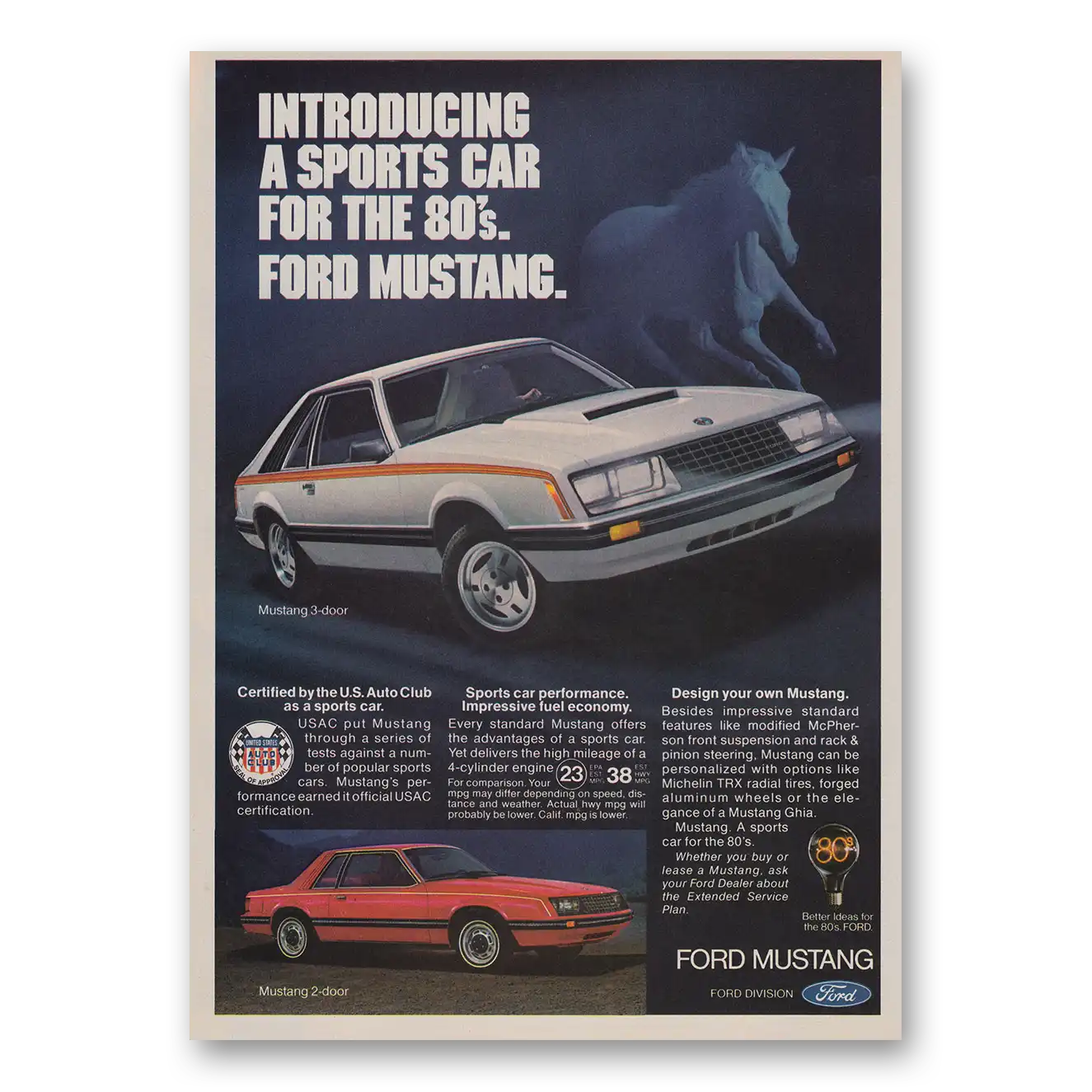 1980 Ford Mustang Sports Car for the 80s Vintage Magazine Print Ad