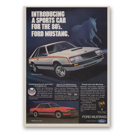 1980 Ford Mustang Sports Car for the 80s Vintage Magazine Print Ad