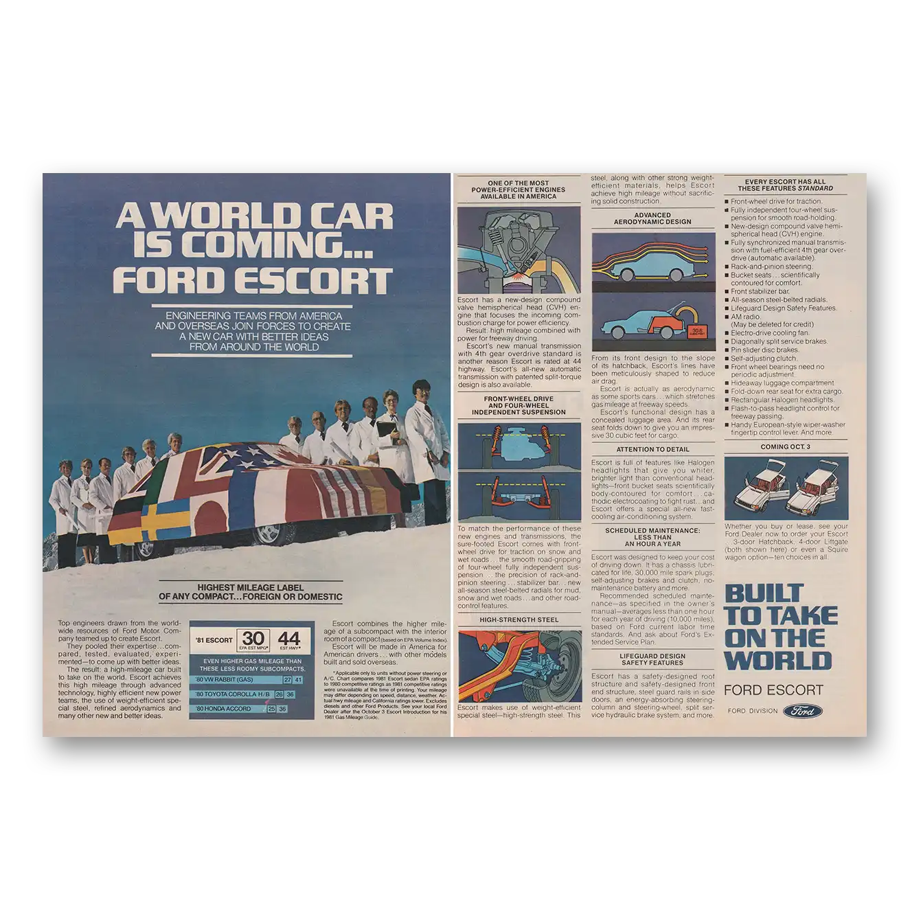 1980 Ford Escort World Car Is Coming Vintage Magazine Print Ad