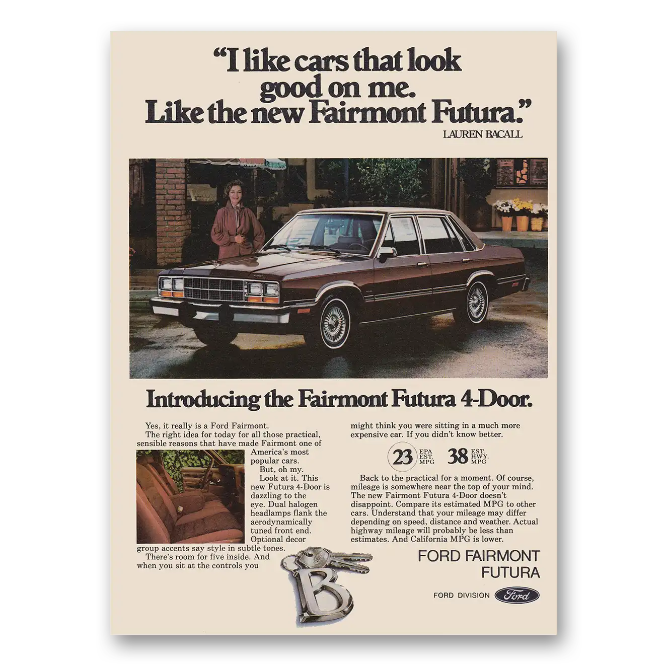 1980 Ford Fairmont Futura Lauren Bacall Vintage Magazine Print Ad