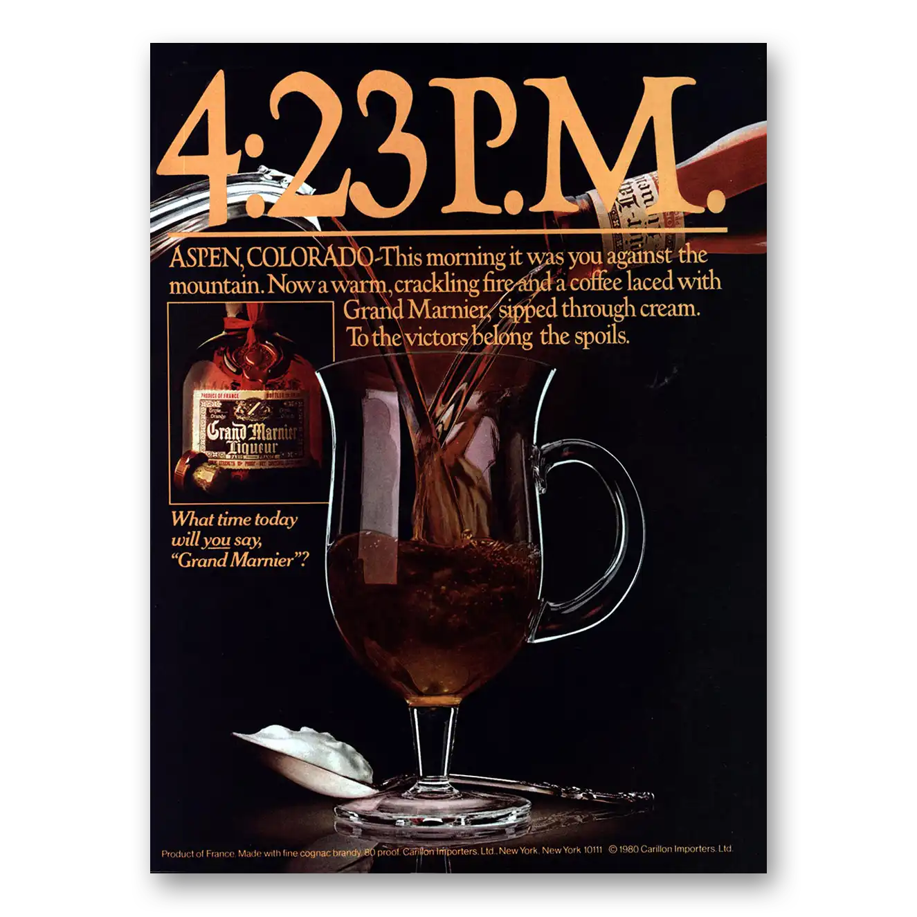 1980 Grand Marnier 4:23 PM Aspen Colorado Vintage Magazine Print Ad