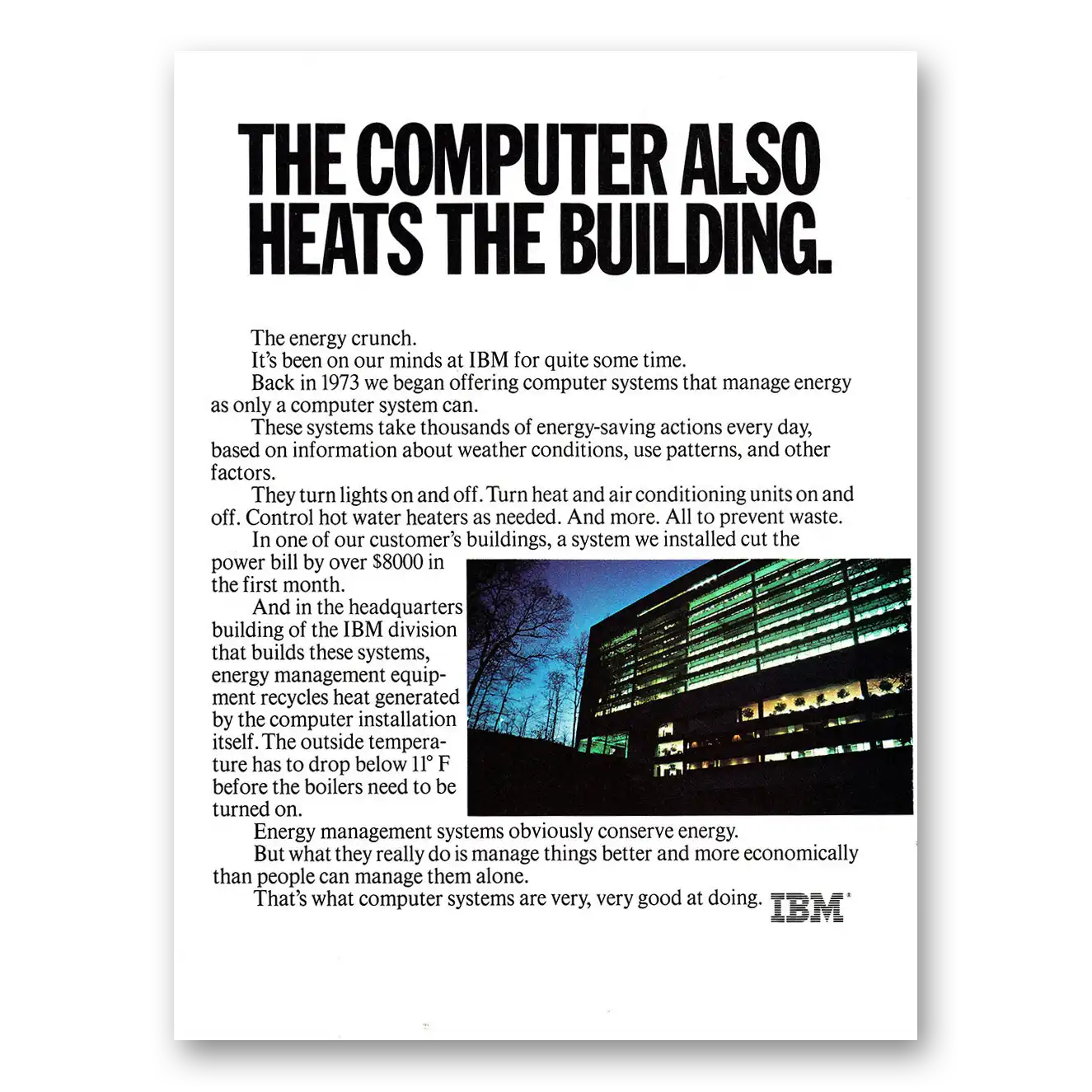 1980 IBM Computers Computer Also Heats the Building Vintage Magazine Print Ad