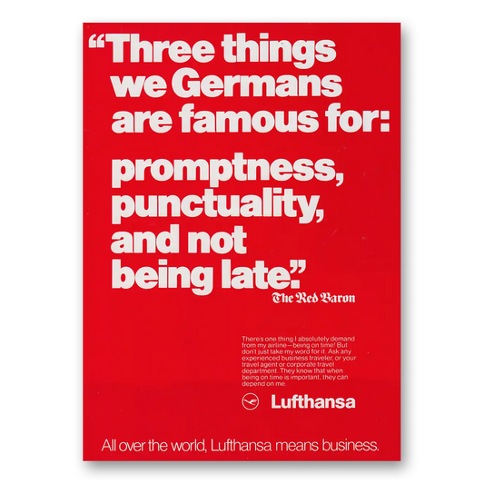 1980 Lufthansa German Airlines Three Things We Germans Are Famous For Vintage Magazine Print Ad