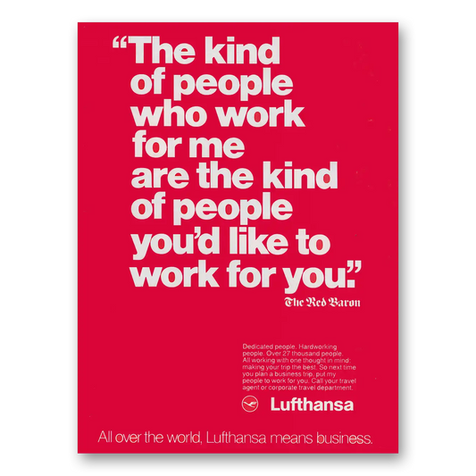 1980 Lufthansa German Airlines Kind of People Who Work Red Baron Vintage Magazine Print Ad