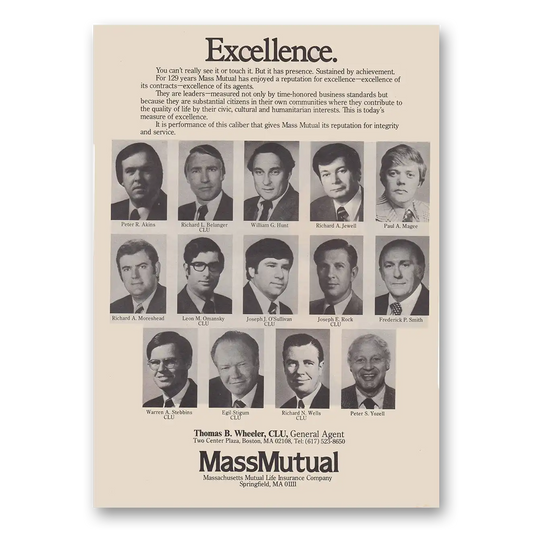 1980 Massachusetts Mutual Excellence Vintage Magazine Print Ad