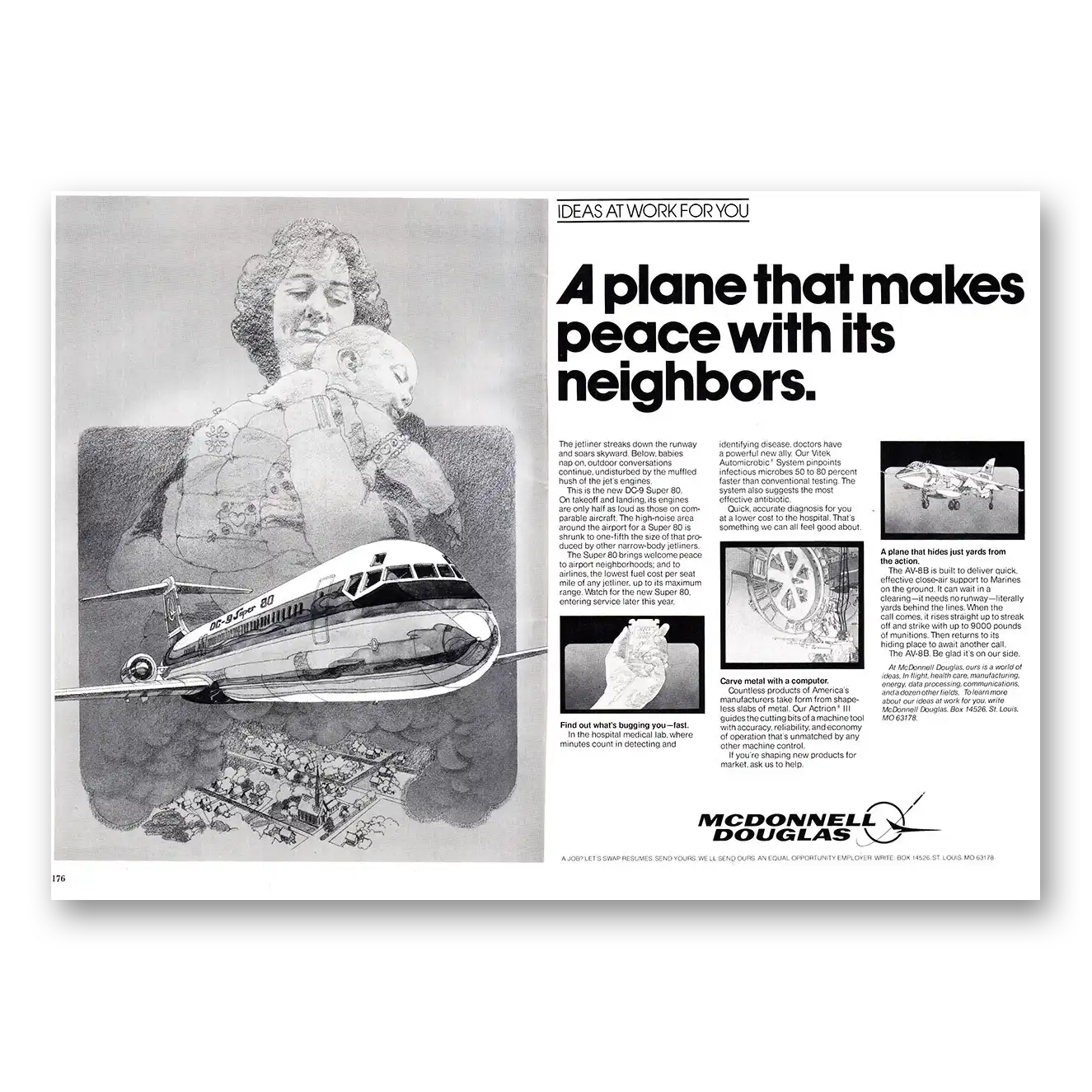 1980 McDonnell Douglas DC9 Super 80 Plane That Makes Peace With Its Neighbors Vintage Magazine Print Ad