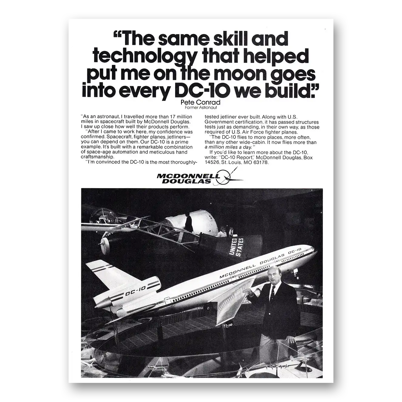 1980 McDonnell Douglas DC10 Pete Conrad Helped Put Me On the Moon Vintage Magazine Print Ad