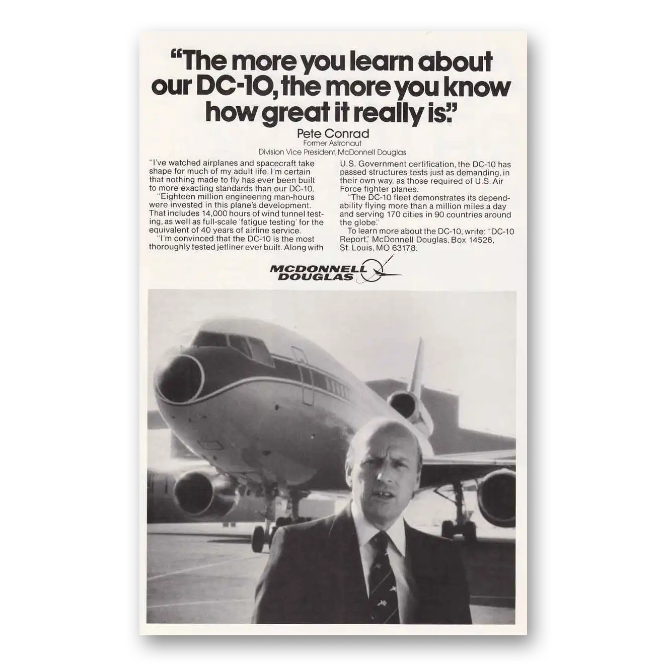 1980 McDonnell Douglas DC10 Pete Conrad Vintage Magazine Print Ad