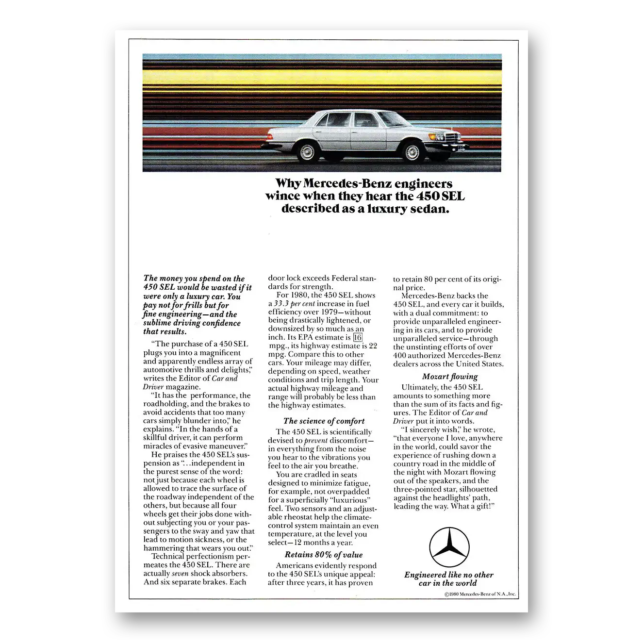 1980 Mercedes Benz 450SEL Why Mercedes Benz Engineers Wince Vintage Magazine Print Ad