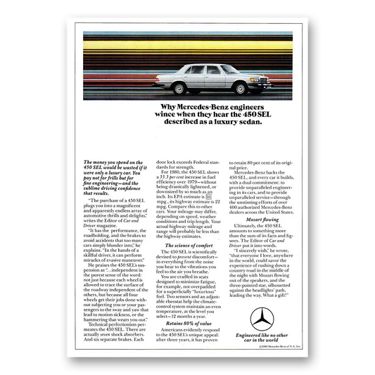 1980 Mercedes Benz 450SEL Why Mercedes Benz Engineers Wince Vintage Magazine Print Ad