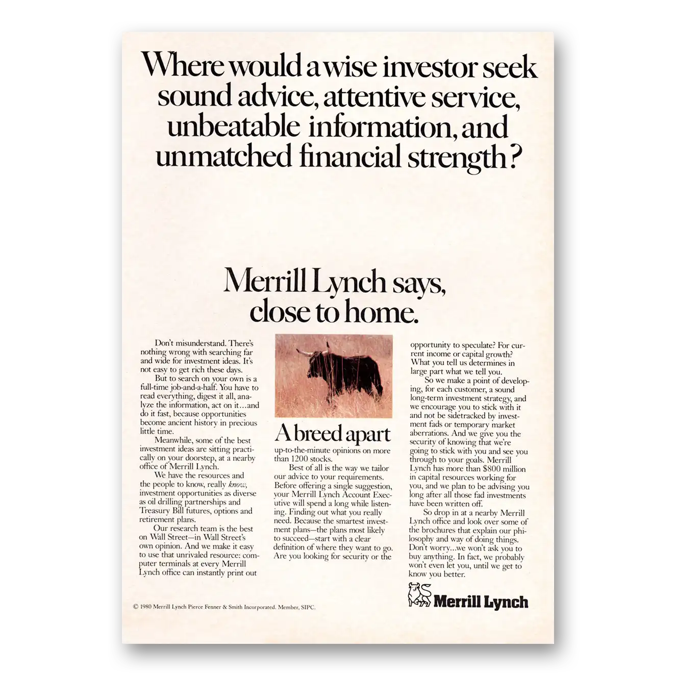 1980 Merrill Lynch Where Would a Wise Investor Seek Vintage Magazine Print Ad