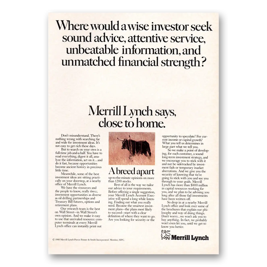 1980 Merrill Lynch Where Would a Wise Investor Seek Vintage Magazine Print Ad