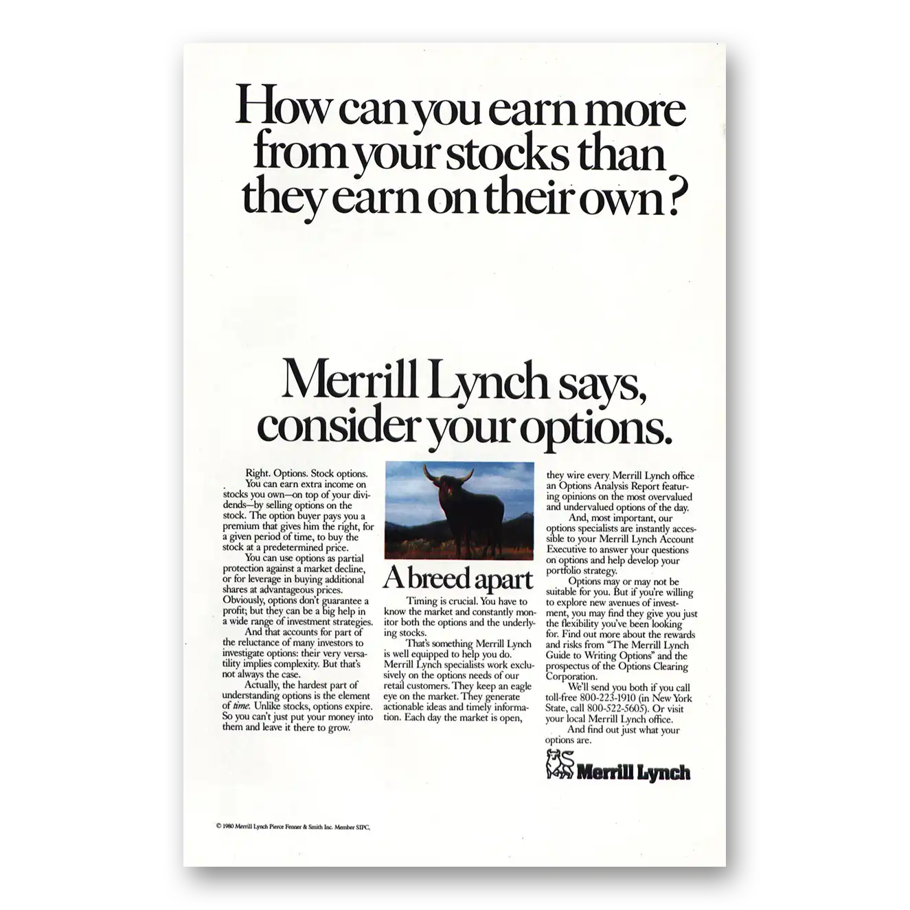 1980 Merrill Lynch Earn More From Your Stocks Vintage Magazine Print Ad