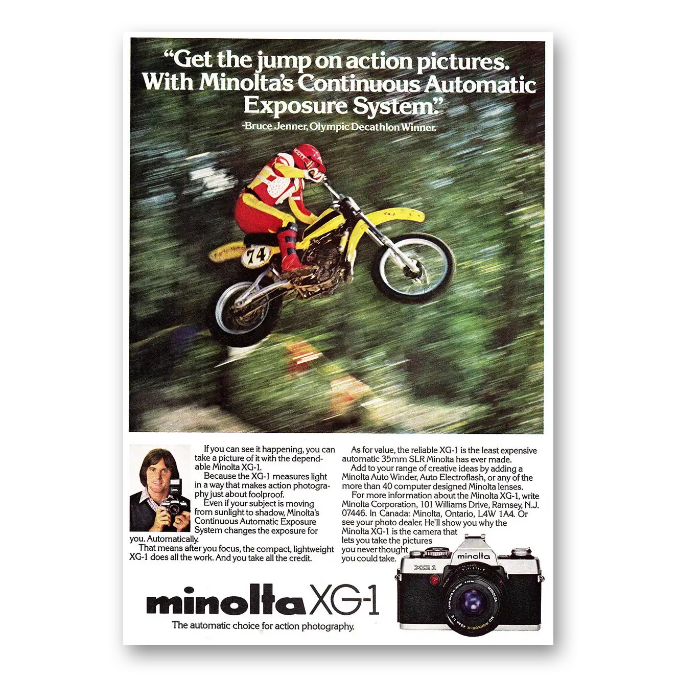 1980 Minolta Camera Bruce Jenner Get the Jump on Action Pictures Vintage Magazine Print Ad