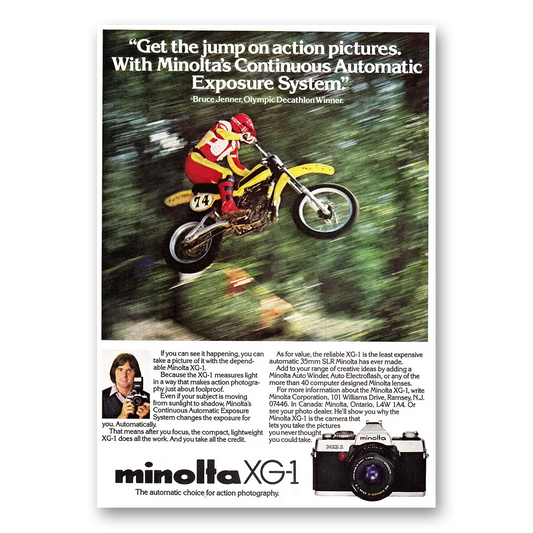 1980 Minolta Camera Bruce Jenner Get the Jump on Action Pictures Vintage Magazine Print Ad