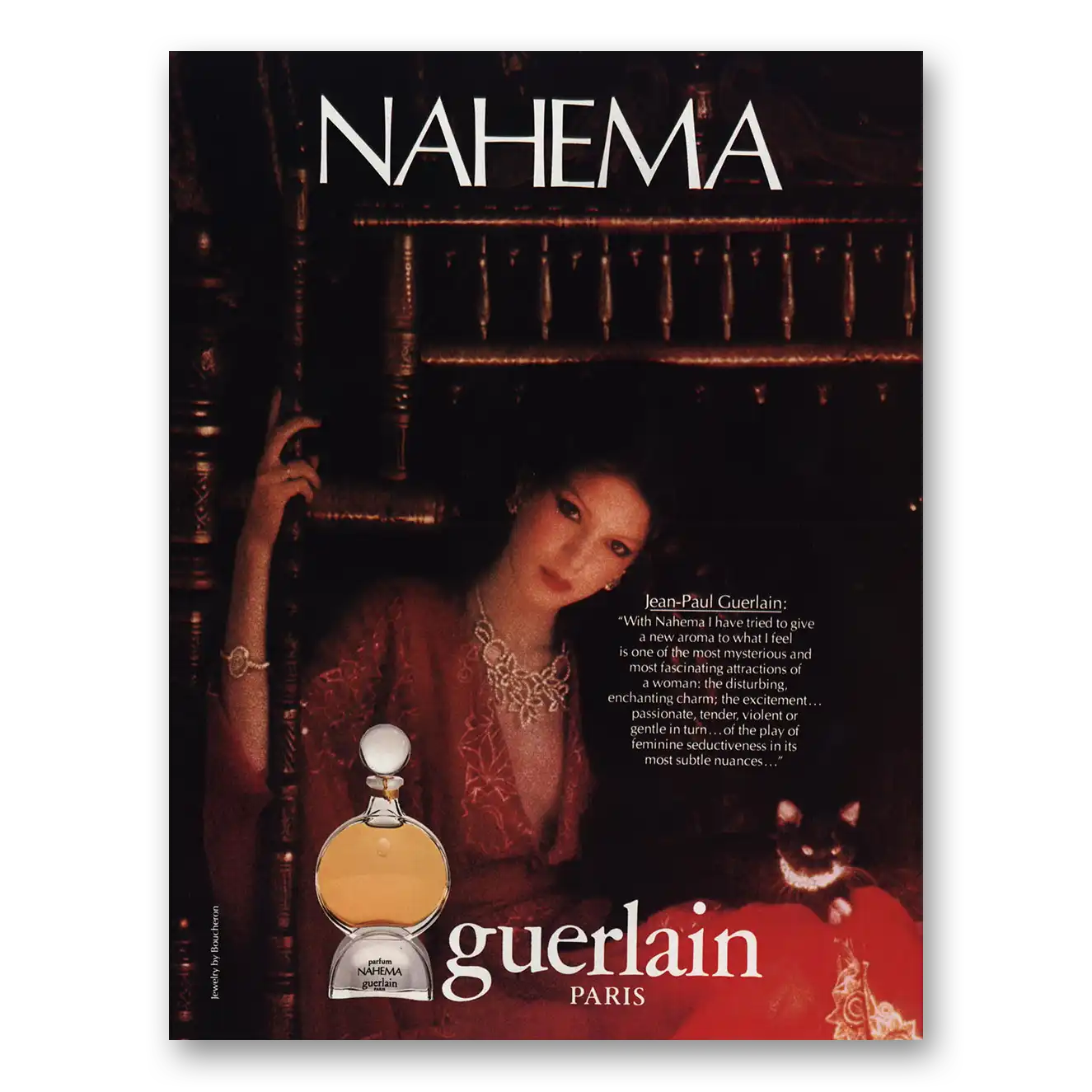 1980 Nahema Perfume Most Mysterious and Most Fascinating Vintage Magazine Print Ad