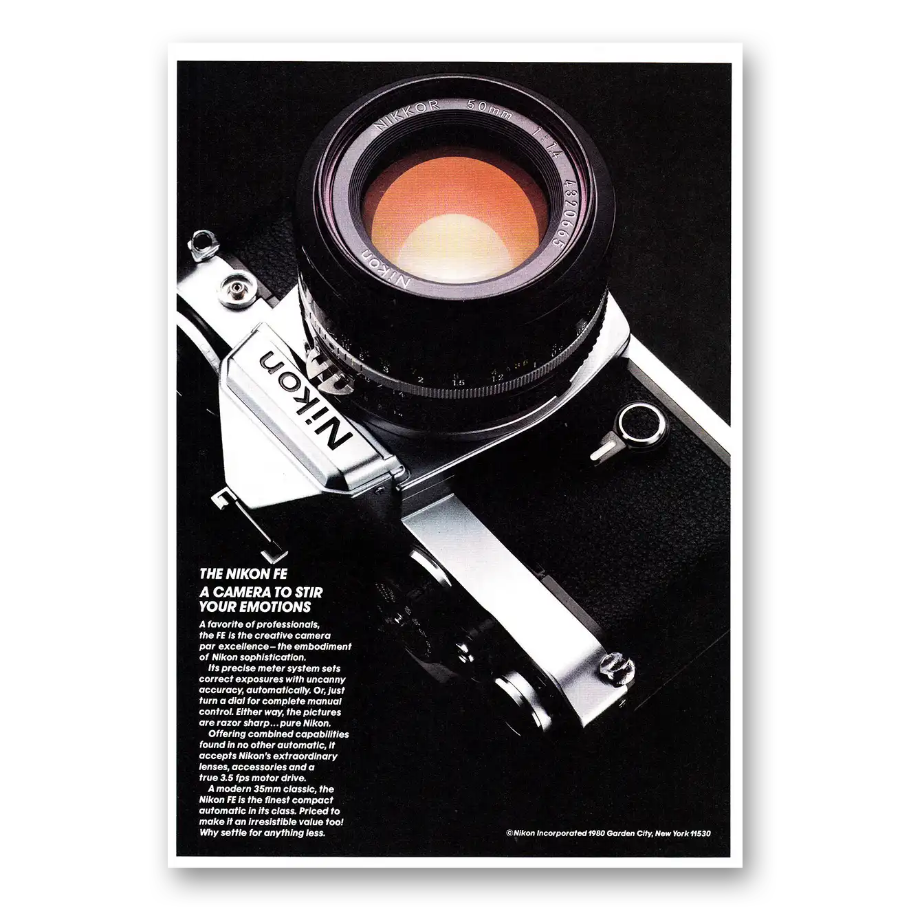 1980 Nikon Camera FE Camera to Stir Your Emotions Vintage Magazine Print Ad