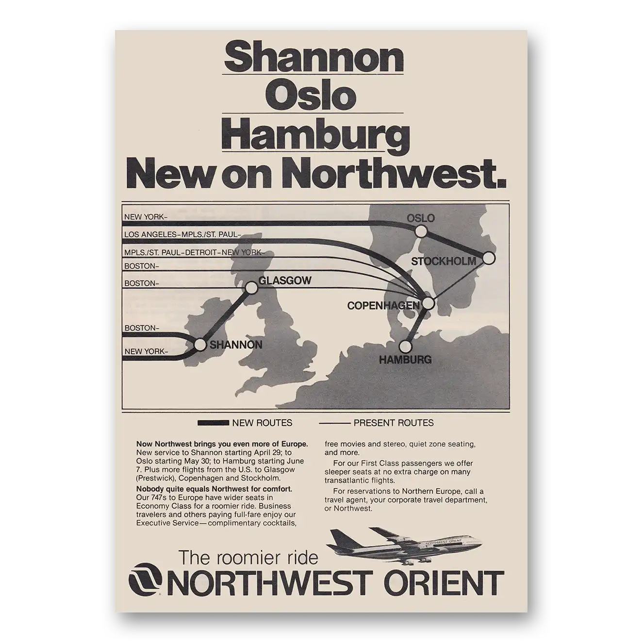 1980 Northwest Orient Airlines Shannon Oslo Hamburg New on Northwest Vintage Magazine Print Ad