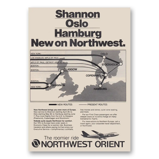 1980 Northwest Orient Airlines Shannon Oslo Hamburg New on Northwest Vintage Magazine Print Ad