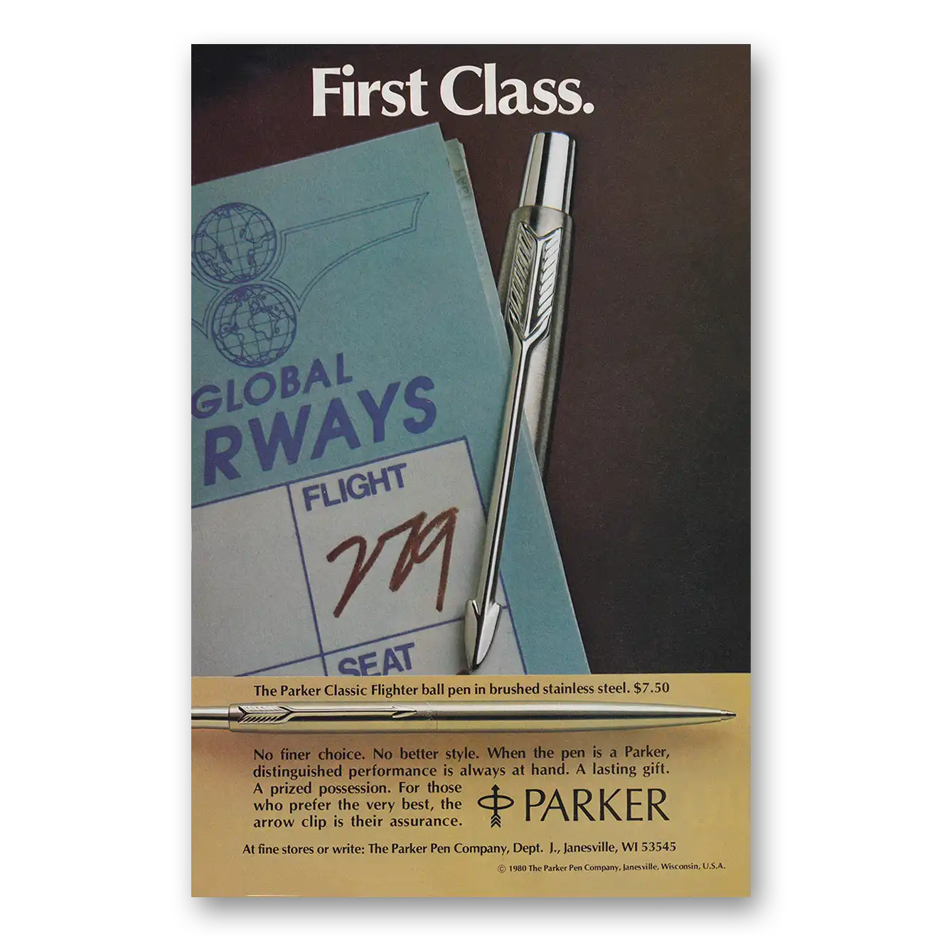 1980 Parker Classic Flighter Pen First Class Global Airways Vintage Magazine Print Ad