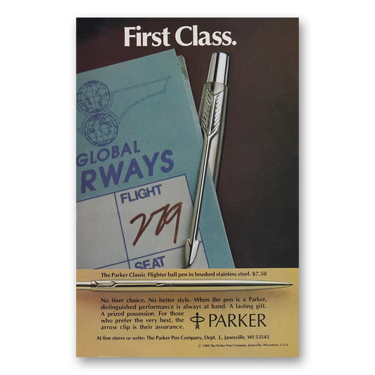 1980 Parker Classic Flighter Pen First Class Global Airways Vintage Magazine Print Ad