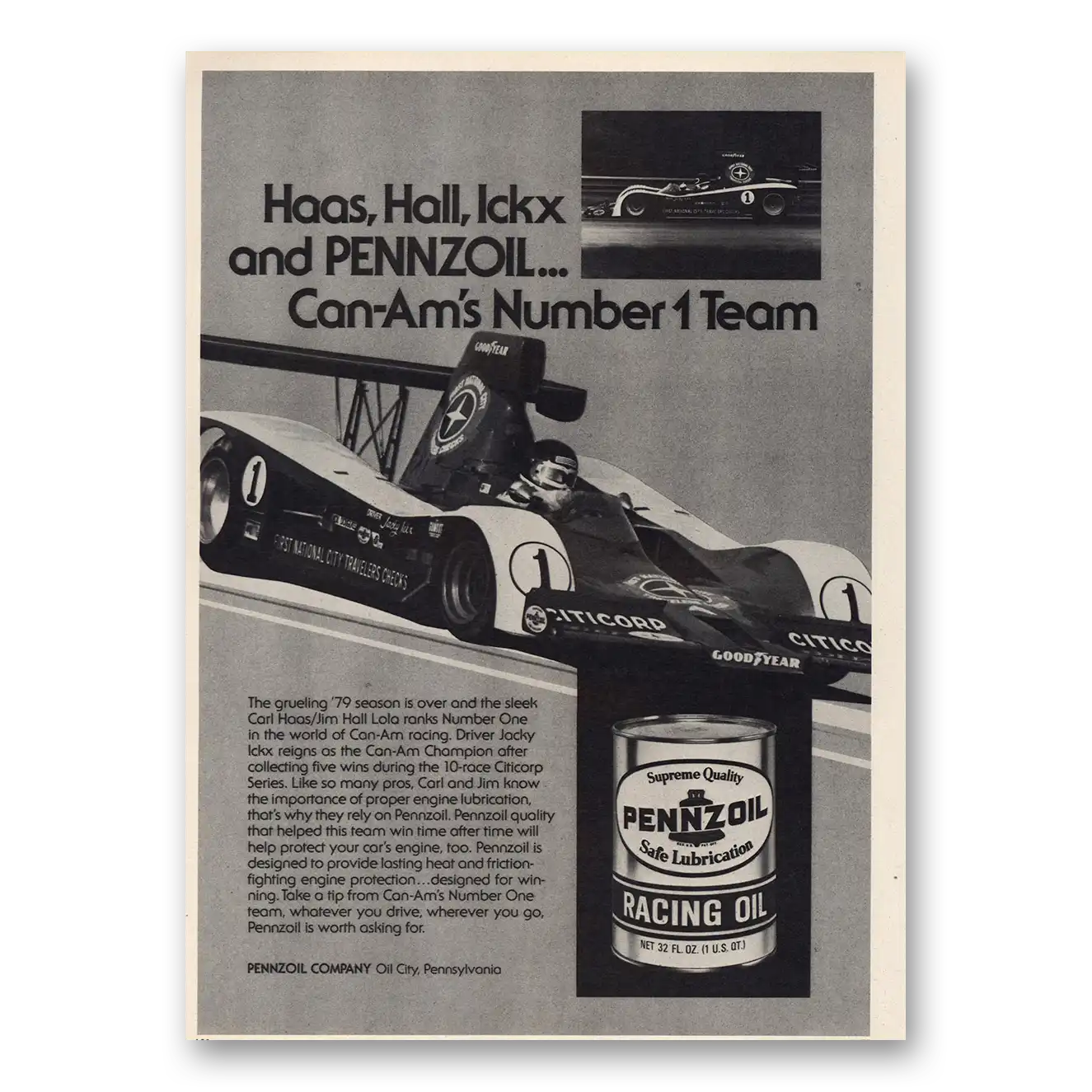 1980 Pennzoil Haas Hall Ickx Can Ams Number 1 Team Vintage Magazine Print Ad