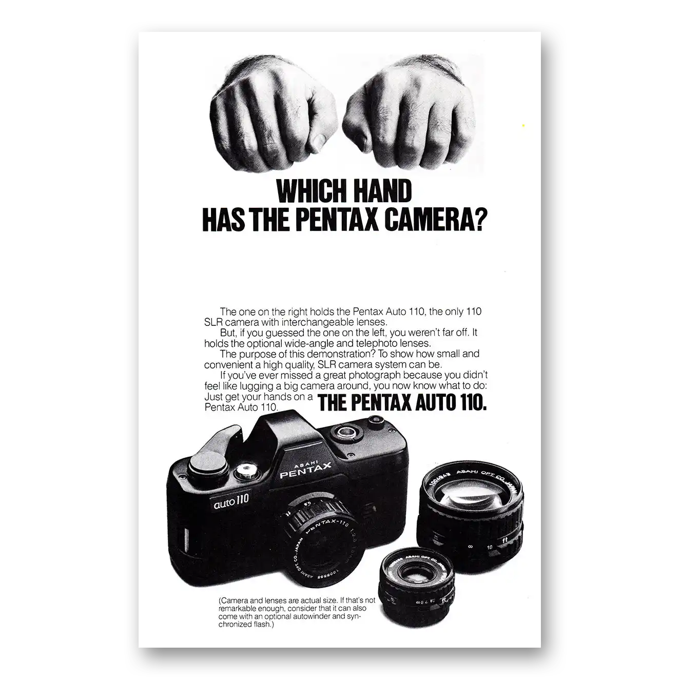 1980 Pentax Camera Auto 110 Camera Which Hand Vintage Magazine Print Ad