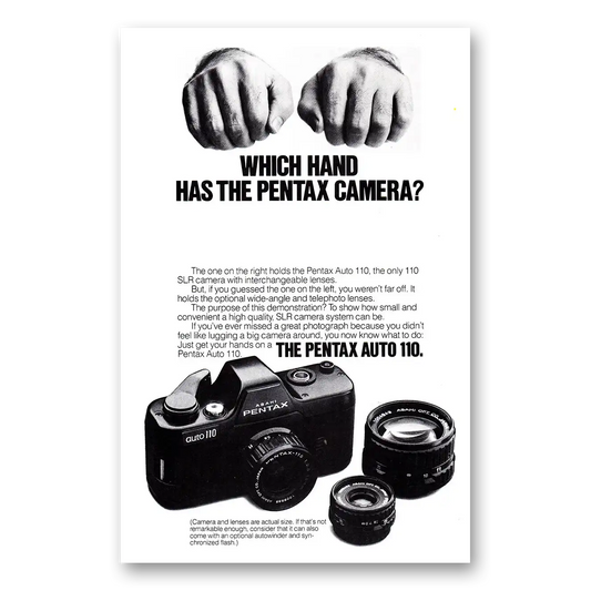 1980 Pentax Camera Auto 110 Camera Which Hand Vintage Magazine Print Ad