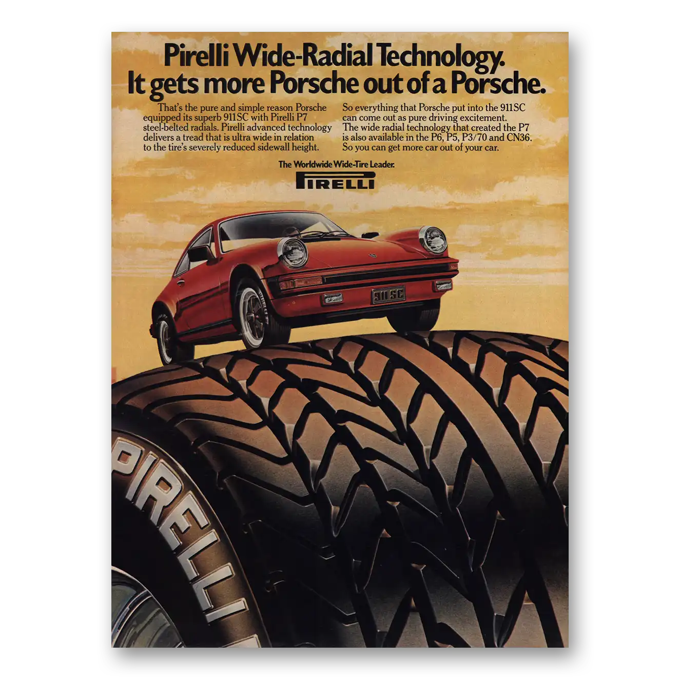 1980 Pirelli Tires Wide Radial Tires Gets More Porsche Out of Porsche Vintage Magazine Print Ad