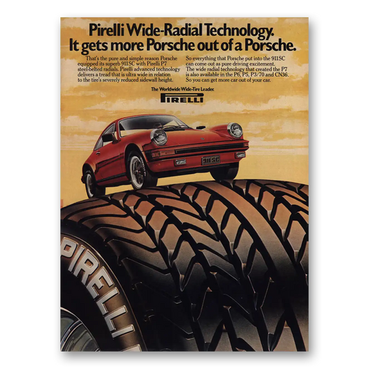 1980 Pirelli Tires Wide Radial Tires Gets More Porsche Out of Porsche Vintage Magazine Print Ad