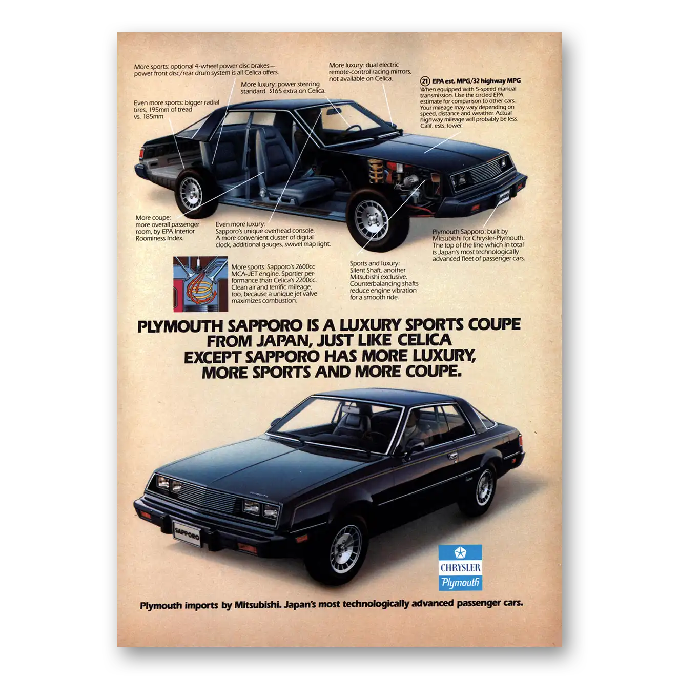 1980 Plymouth Sapporo Luxury Sports Coupe From Japan Vintage Magazine Print Ad