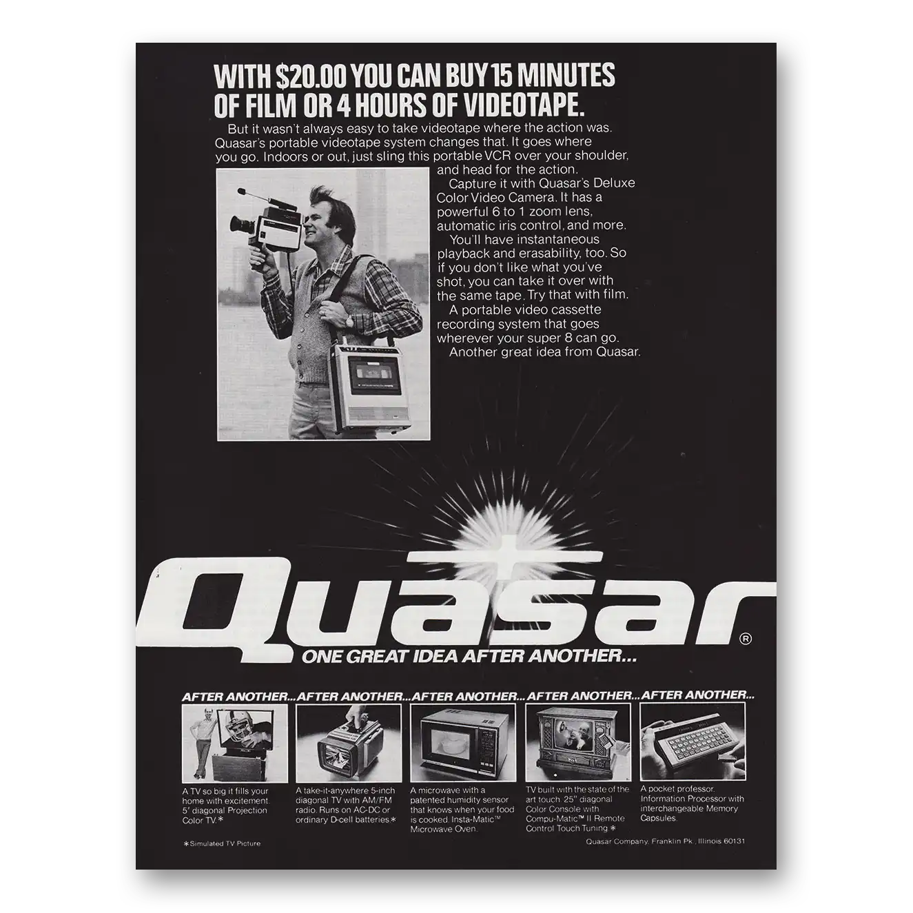 1980 Quaser Videotape System You Can Buy 15 Minutes of Film Vintage Magazine Print Ad